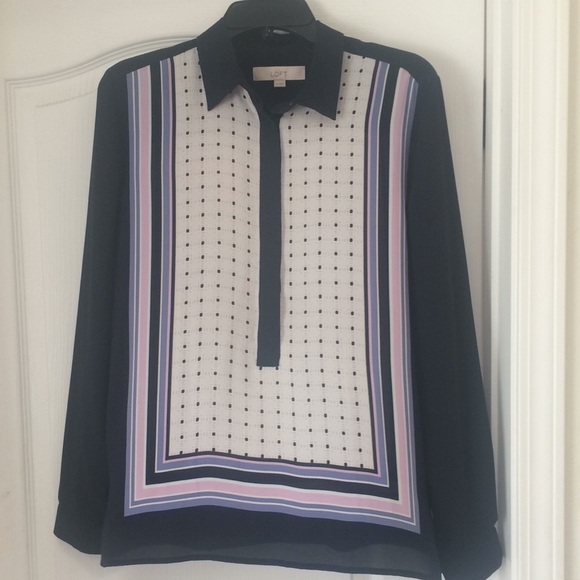 LOFT Tops - LOFT Navy and White Blouse with Pink and Lavender Stripes